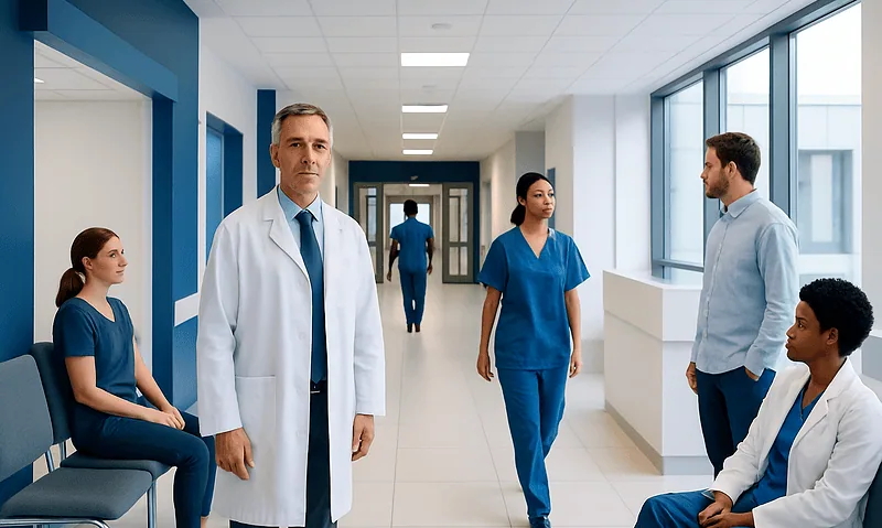 Medical team in hospital corridor with doctor and nurses.