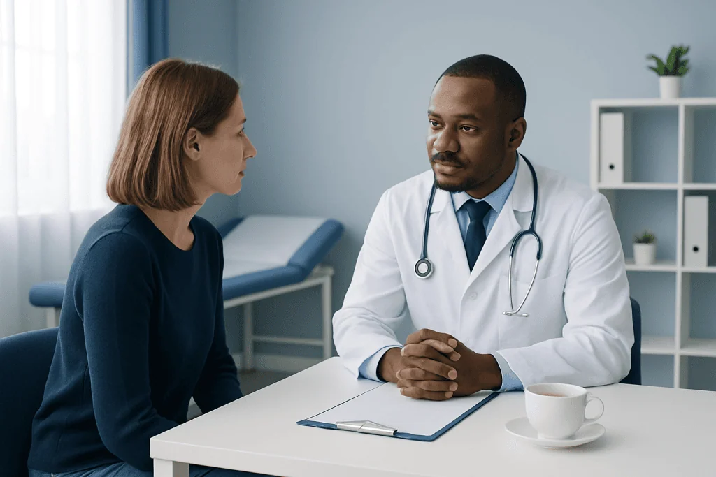 Doctor consulting with a female patient in a medical office setting.