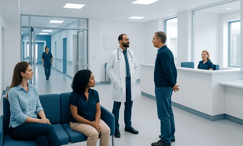 Medical professionals and patients in a modern hospital corridor.