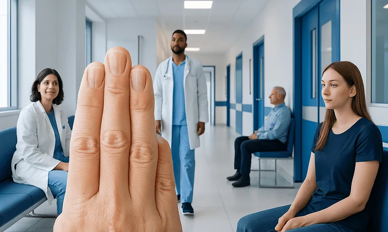 Medical staff and patient in hospital corridor with large hand in foreground.