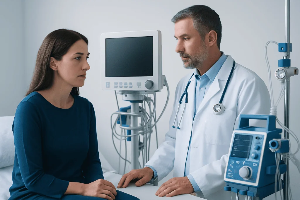 Doctor consulting with a female patient in a hospital room.