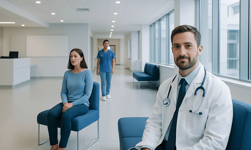 Medical consultation in a modern hospital waiting area with doctor and patients.