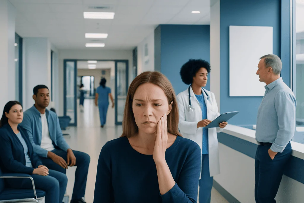 Lip Twitching: A Complete Medical Overview 1 Woman experiencing facial discomfort in hospital corridor.
