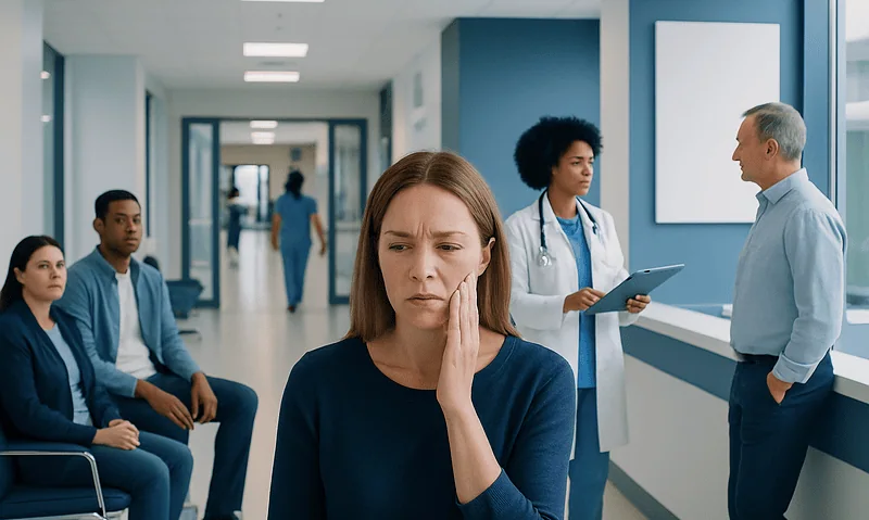 Woman experiencing facial discomfort in hospital corridor.