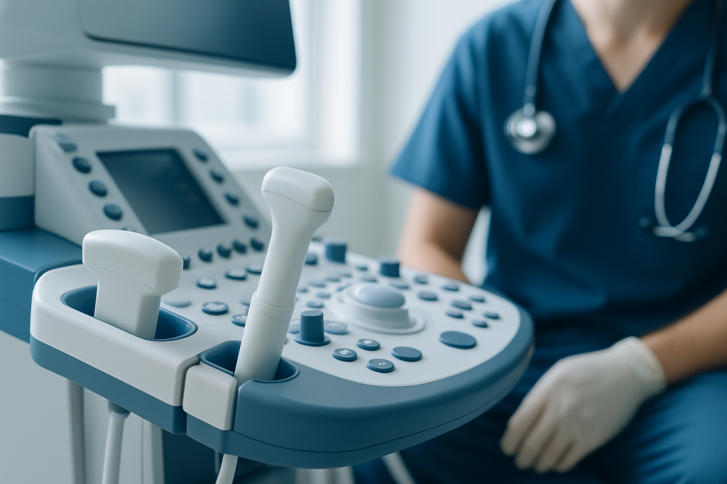 Medical ultrasound machine with healthcare professional in background.