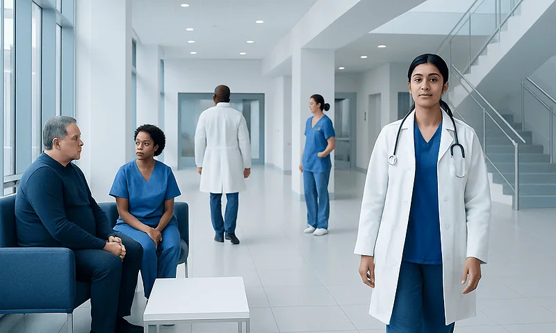 Healthcare professionals and patients in a modern hospital lobby.
