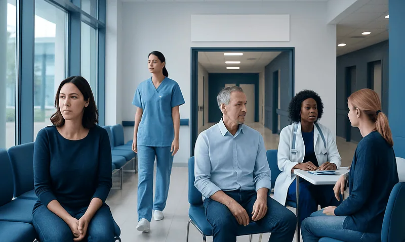Patients waiting in a hospital corridor with medical staff nearby.