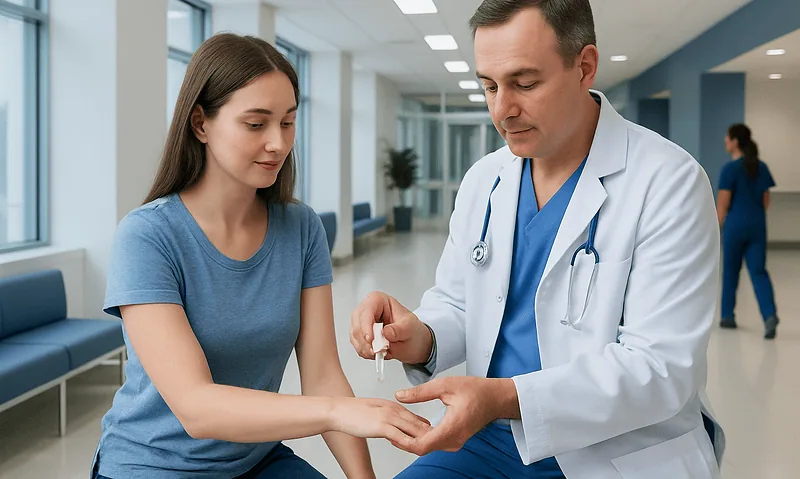 Doctor applying liquid bandage to patient's hand in hospital corridor.