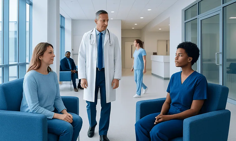 Doctor consulting with two female patients in hospital lounge.