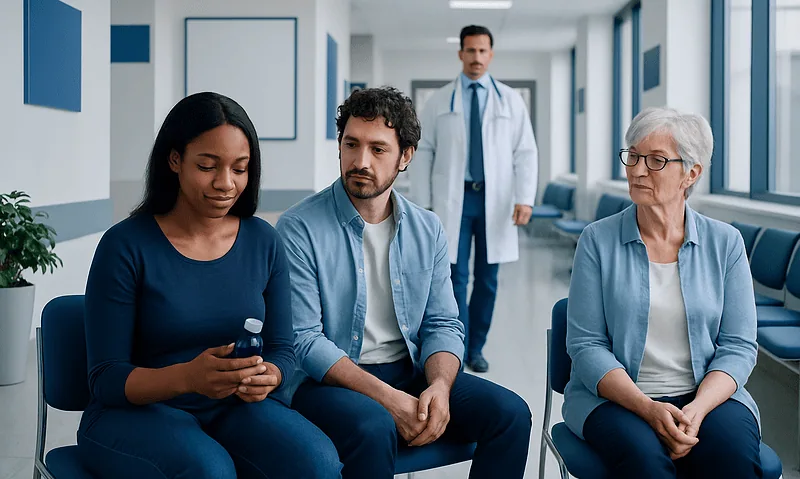 Patients waiting in a hospital corridor with a doctor approaching.