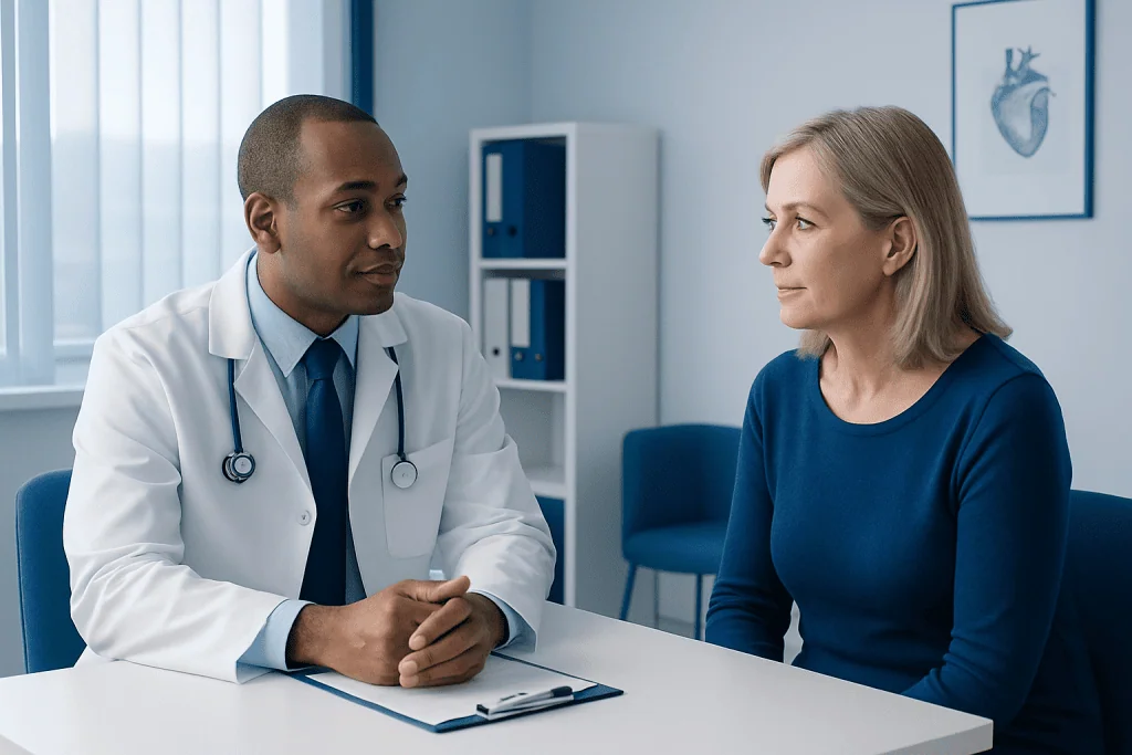 Doctor consulting with a female patient in a medical office.