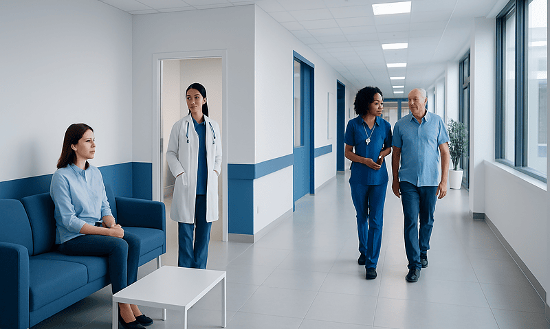 Hospital corridor with medical staff and patient in a modern healthcare facility.
