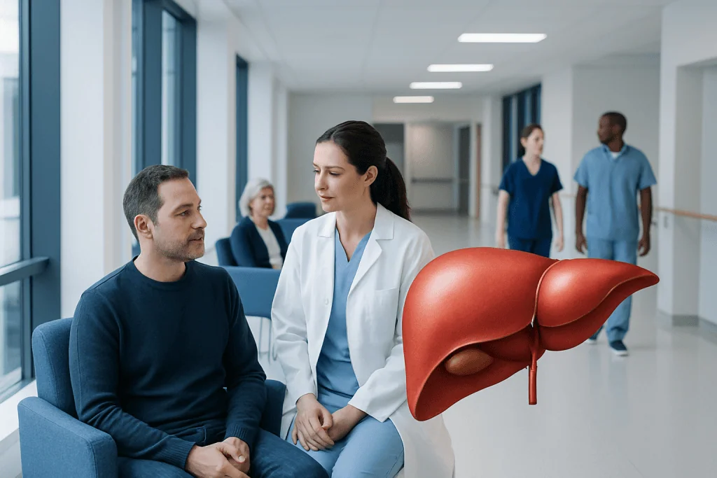 Liver Lesions — Explained by Medical Evidence, Not Myths 1 Doctor discussing liver health with patient in hospital corridor.