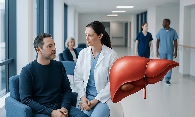 Doctor discussing liver health with patient in hospital corridor.