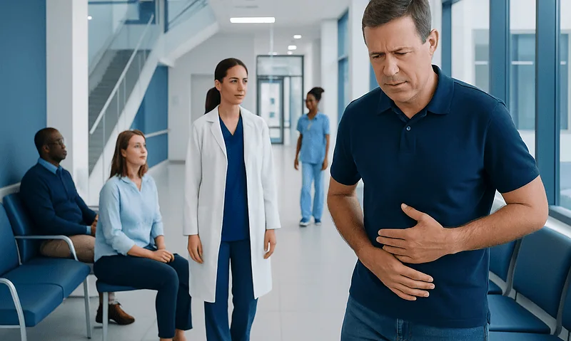Man experiencing stomach pain in a hospital waiting area with medical staff nearby.