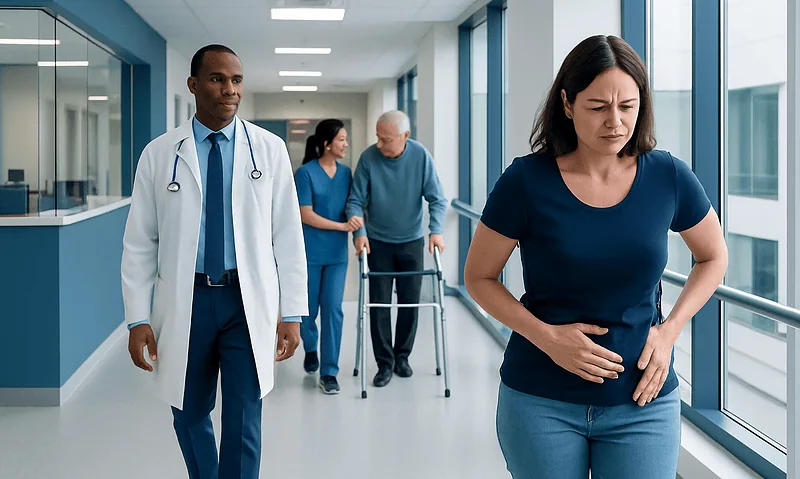 Woman experiencing abdominal pain in hospital corridor with medical staff nearby.