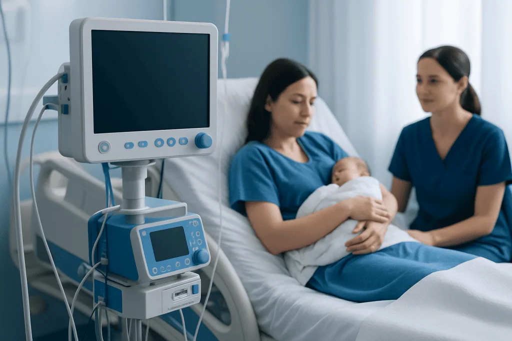 Mother with newborn in hospital bed with medical monitor nearby.