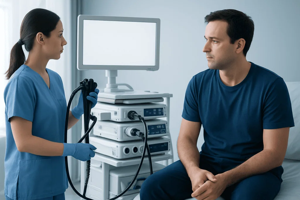 Doctor explaining colonoscopy procedure to patient in clinic.