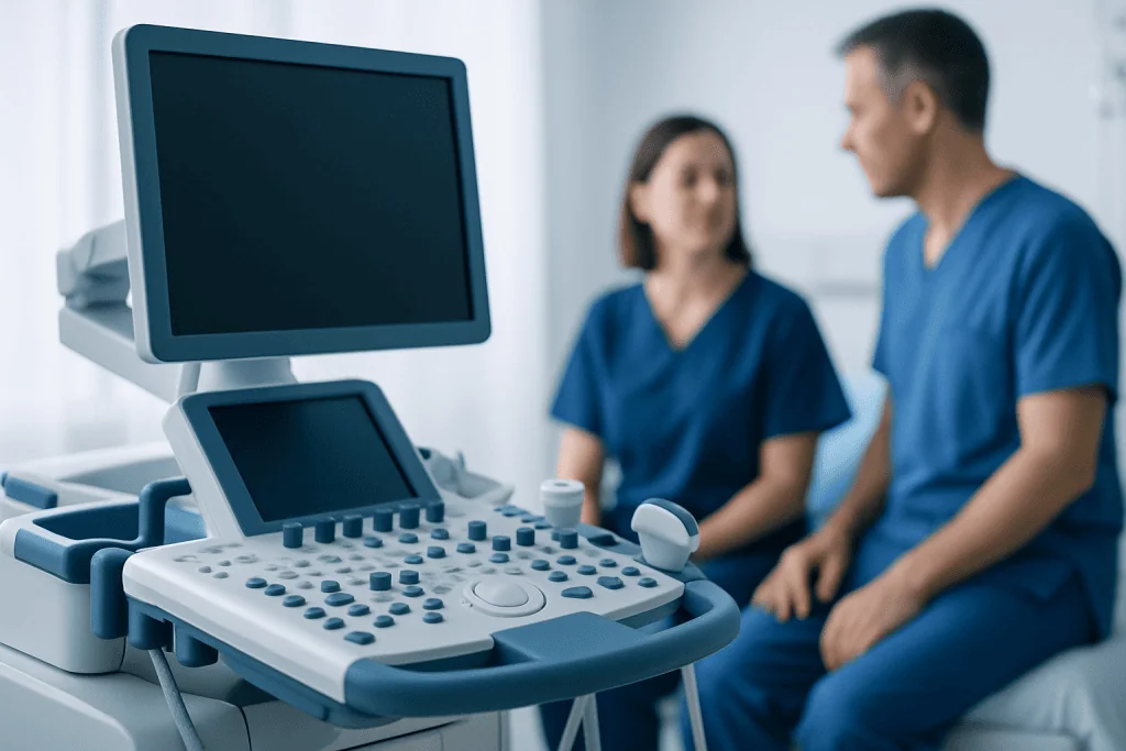 Medical ultrasound machine with healthcare professionals in background.