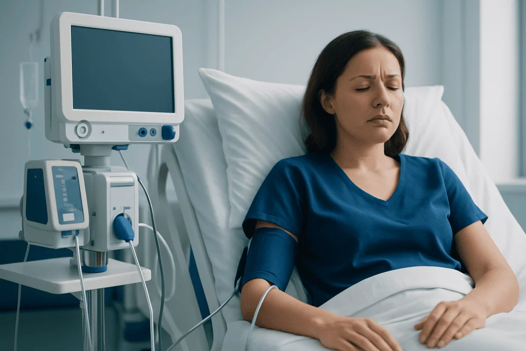 Woman in hospital bed with blood pressure monitor, feeling unwell.