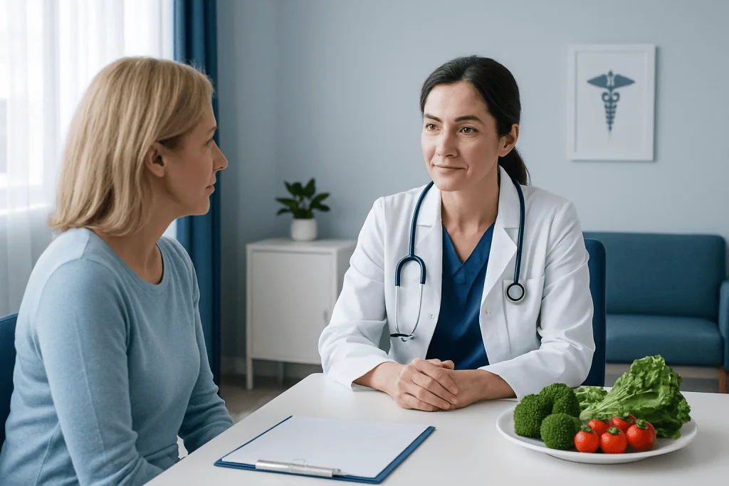 Doctor consulting a patient about healthy low-calorie foods in a clinic.