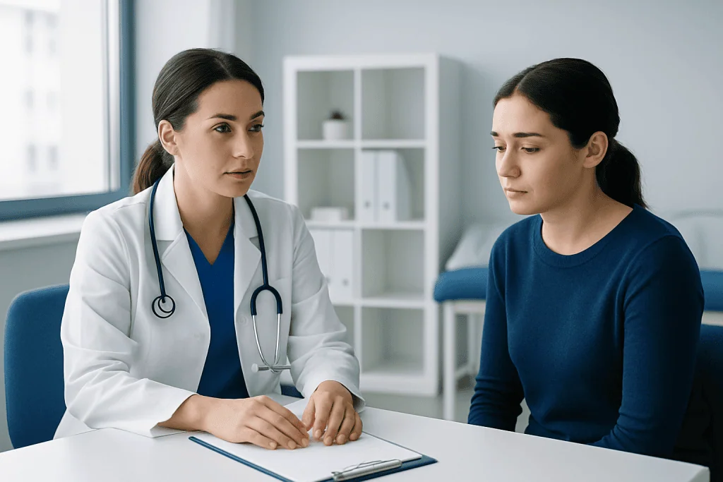 Doctor consulting with patient in a medical office setting.