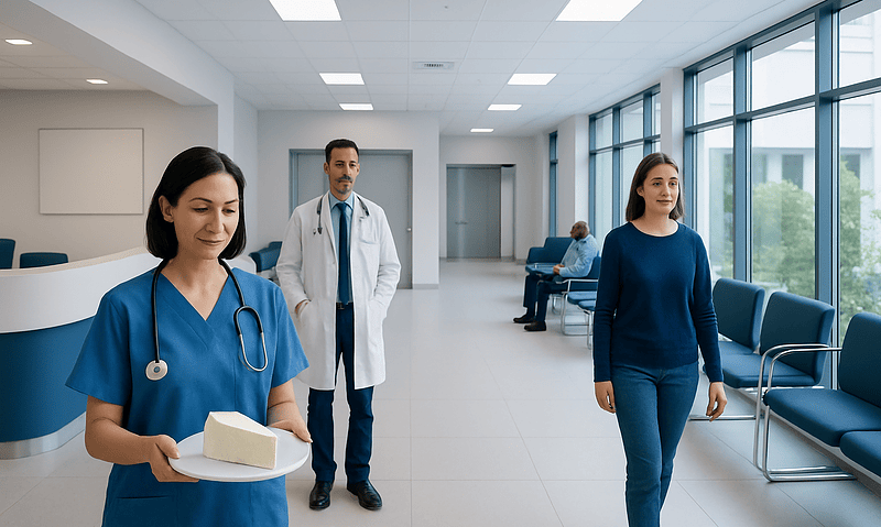 Healthcare professionals and patient in a modern hospital corridor.