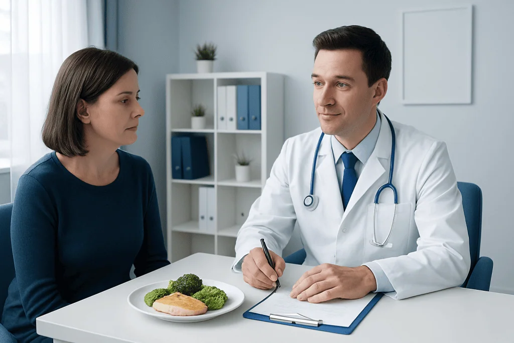 Doctor consulting a patient about healthy eating and low-fat foods.