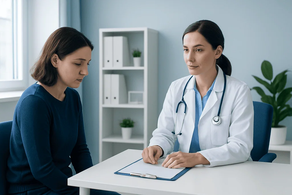 Doctor consulting with a patient in a modern medical office.