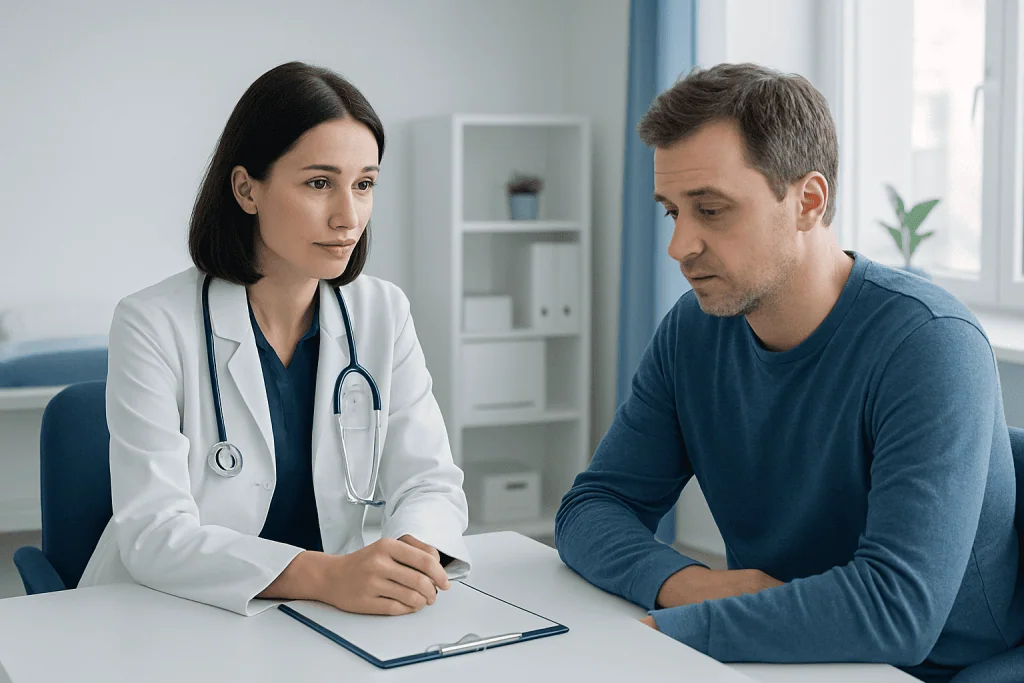 Doctor consulting with male patient in a medical office.