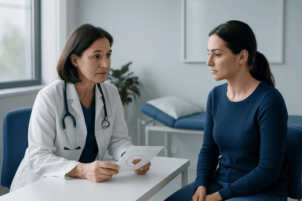 Doctor explaining blood test results to a patient in a clinic setting.