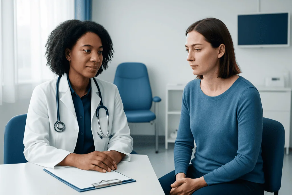 Doctor consulting with a patient in a modern medical office.