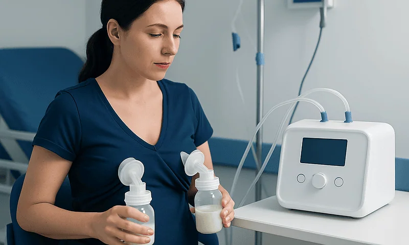 Breast pump and milk collection bottles in a medical setting.
