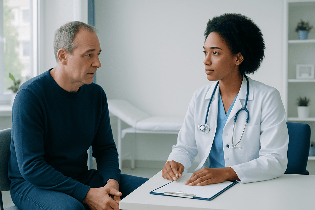 Doctor consulting with a patient about blood test results in a clinic setting.