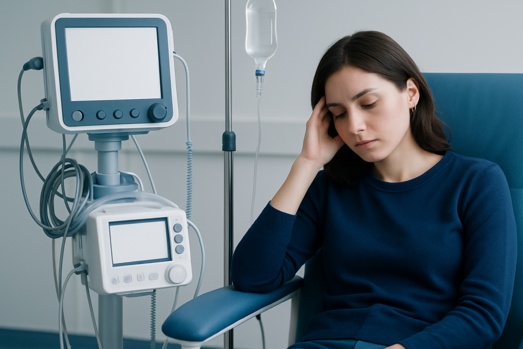 Young woman in hospital appears distressed and fatigued.