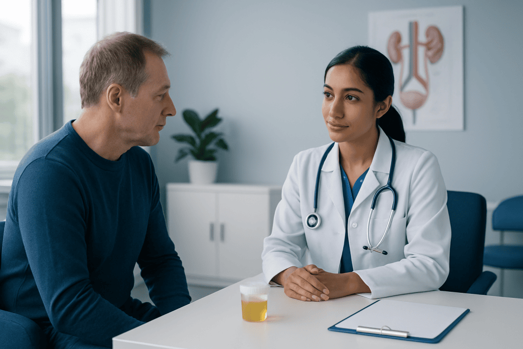 Doctor consulting with a male patient in a medical office setting.