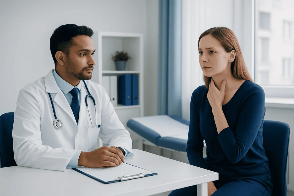Doctor consulting with a patient about health concerns in a medical office.