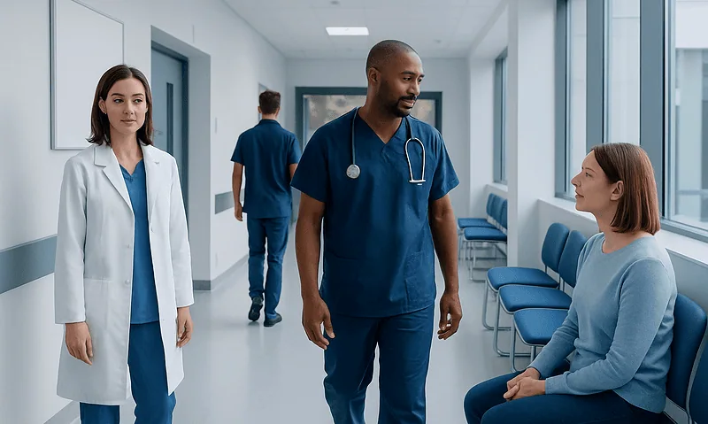 Healthcare professionals consulting with a patient in a hospital corridor.