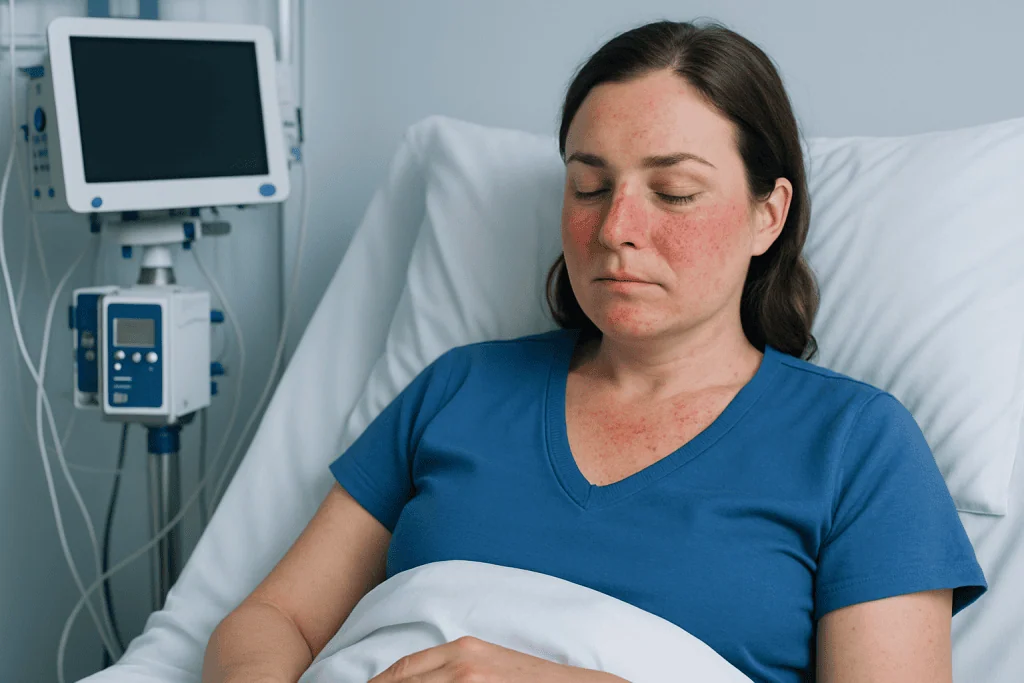 Woman with skin rash resting in hospital bed at Acibadem Hospital.