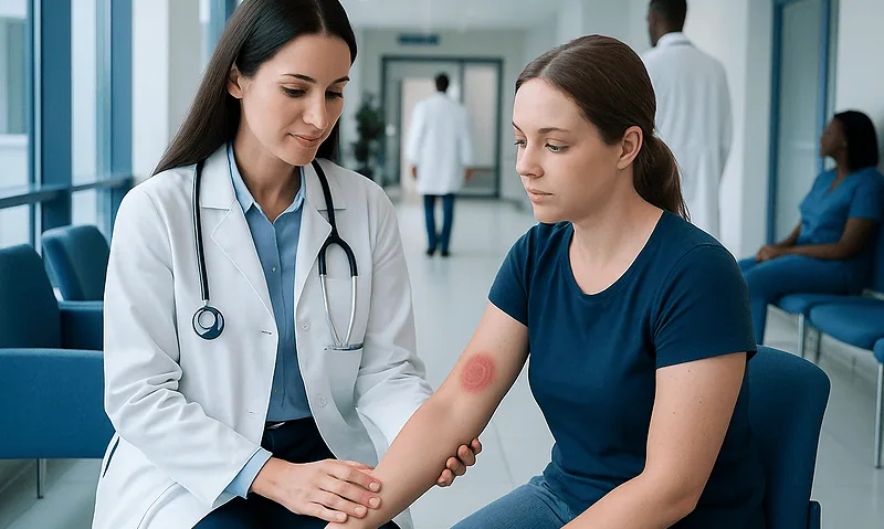 Doctor examining a patient's skin rash in a hospital corridor.