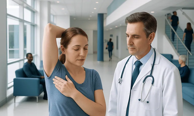Doctor examining a woman's armpit for lymph node swelling at Acibadem Hospital.
