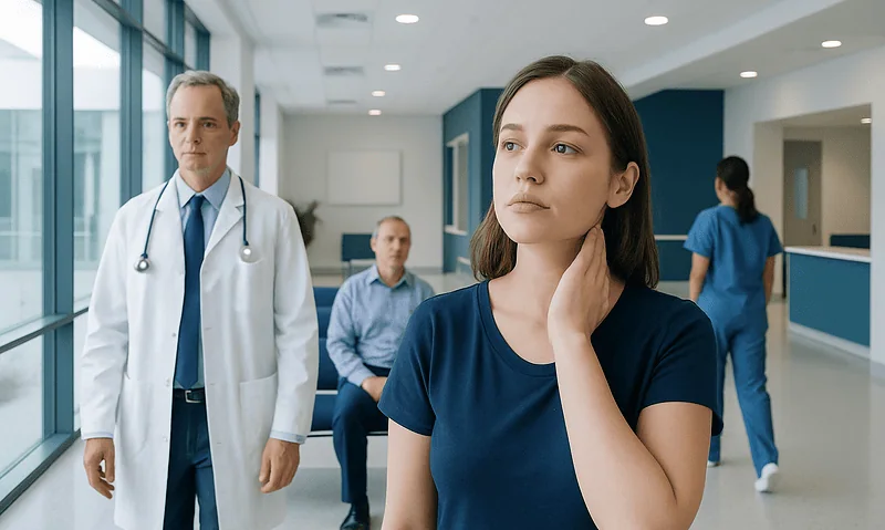 Young woman with neck discomfort in a hospital waiting area.