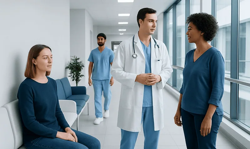 Medical team consulting with patient in hospital corridor.