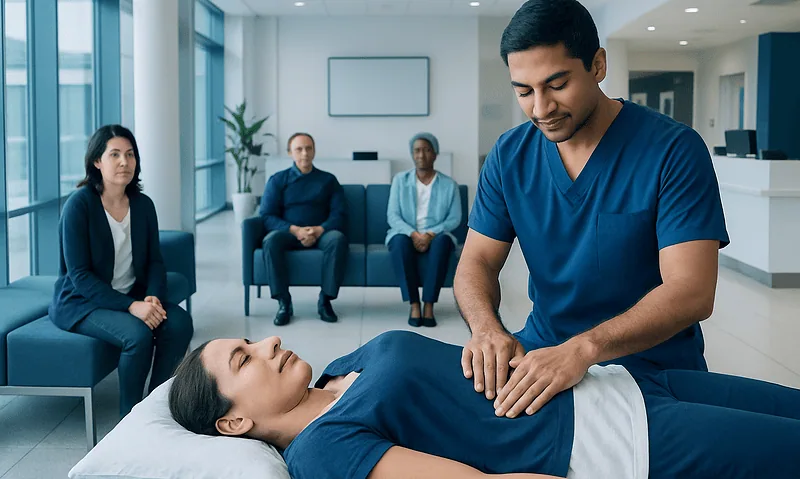 Medical professional performs lymphatic drainage massage on patient in clinic.
