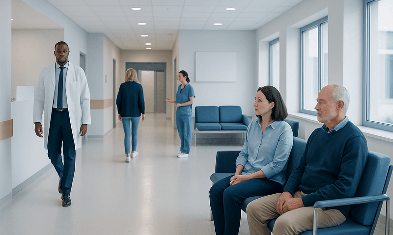 Hospital corridor with patients and medical staff at Acibadem Hospitals Group.