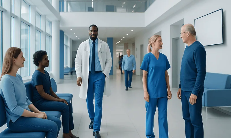 Medical professionals and patients in a modern hospital corridor.