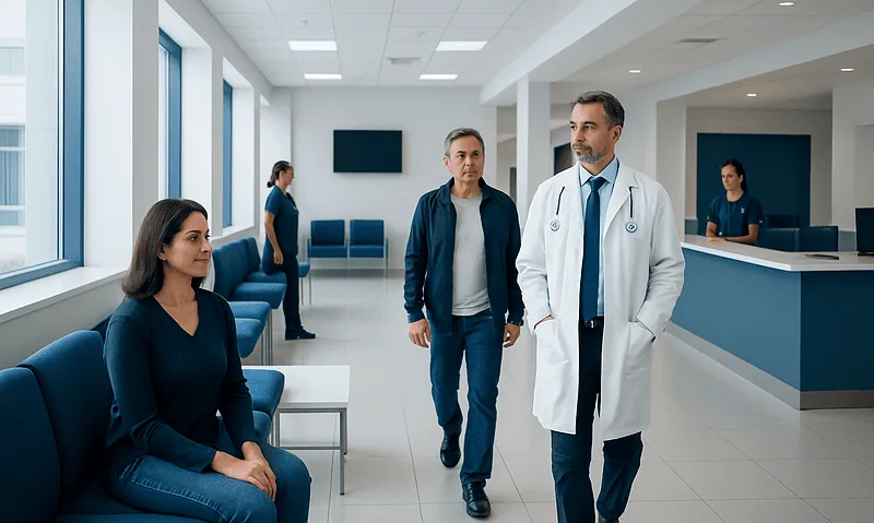 Medical consultation in a modern hospital waiting area with doctor and patients.