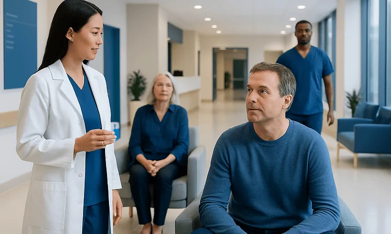Medical consultation in hospital with doctor and patients in waiting area.