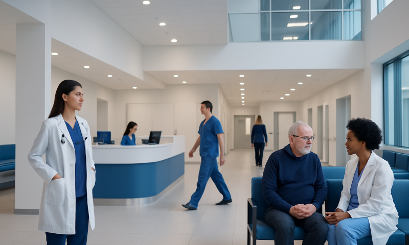Magnesium L-threonate: A Complete Medical Overview 5 Modern hospital lobby with medical staff and patients in a bright, spacious setting.
