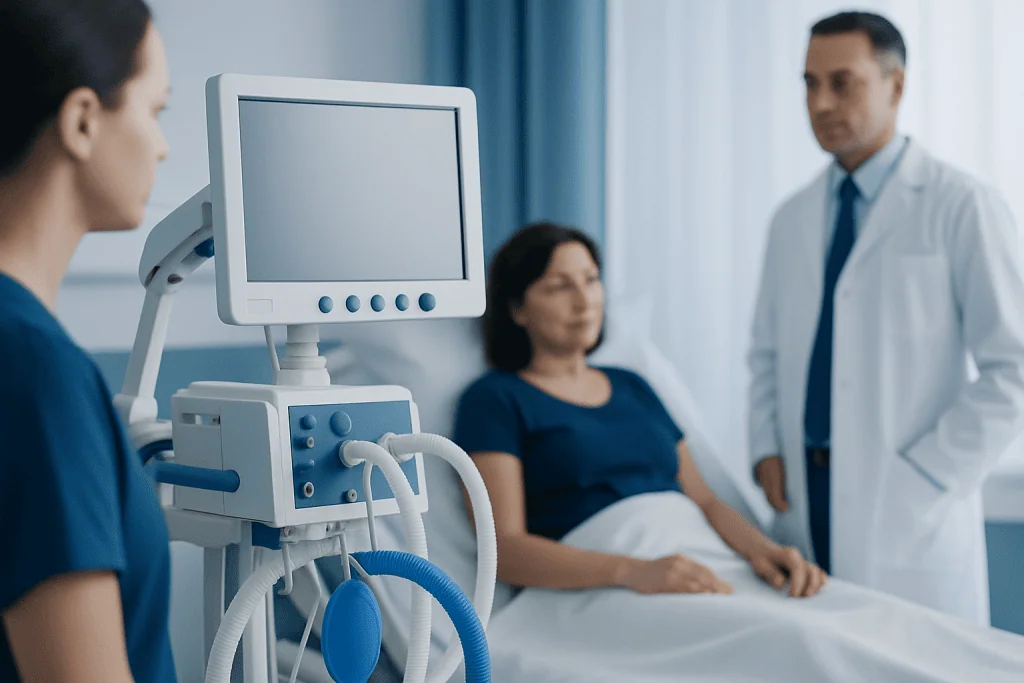 Medical professionals monitoring a patient in a hospital room.
